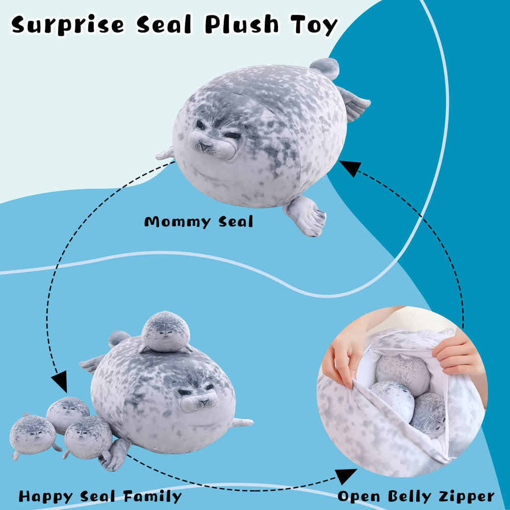 TOYSYM seal pillow tummy opening reveals removable baby seals for playtime.