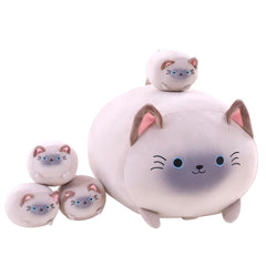 TOYSYM Siamese Cat Mommy with four babies plush—soft cuddle companion for kids.