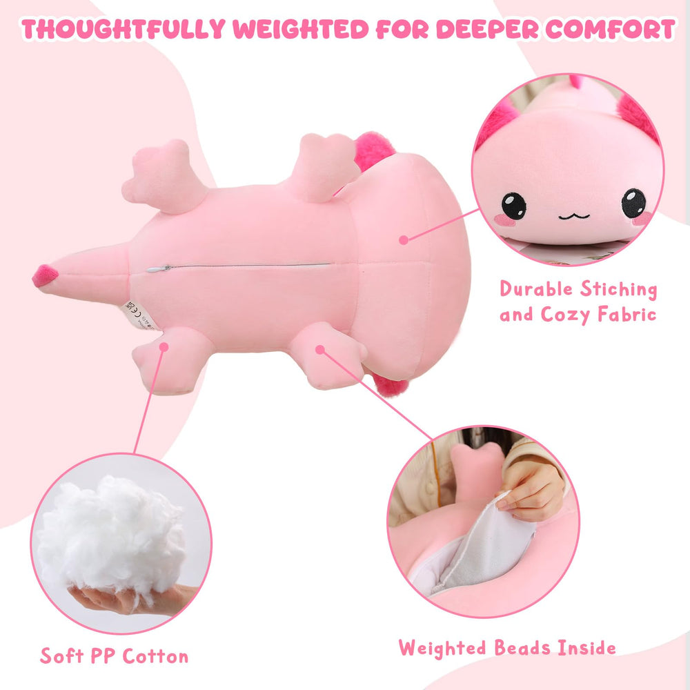 TOYSYM weighted axolotl pillow demonstrates versatile use for lounging and décor.