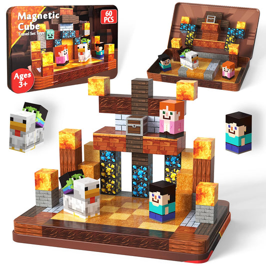ToyUnited 60 PCS magnetic blocks stored in a metal box for travel and storage.