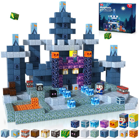 ToyUnited magnetic blocks in blue castle set ready for imaginative building and pretend play.