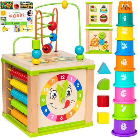 Toyventive wooden activity cube with bead maze promotes toddler hand-eye coordination.