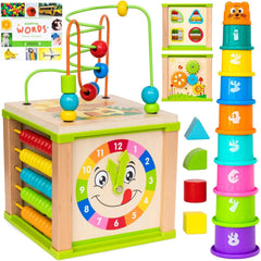 Toyventive wooden activity cube with bead maze promotes toddler hand-eye coordination.