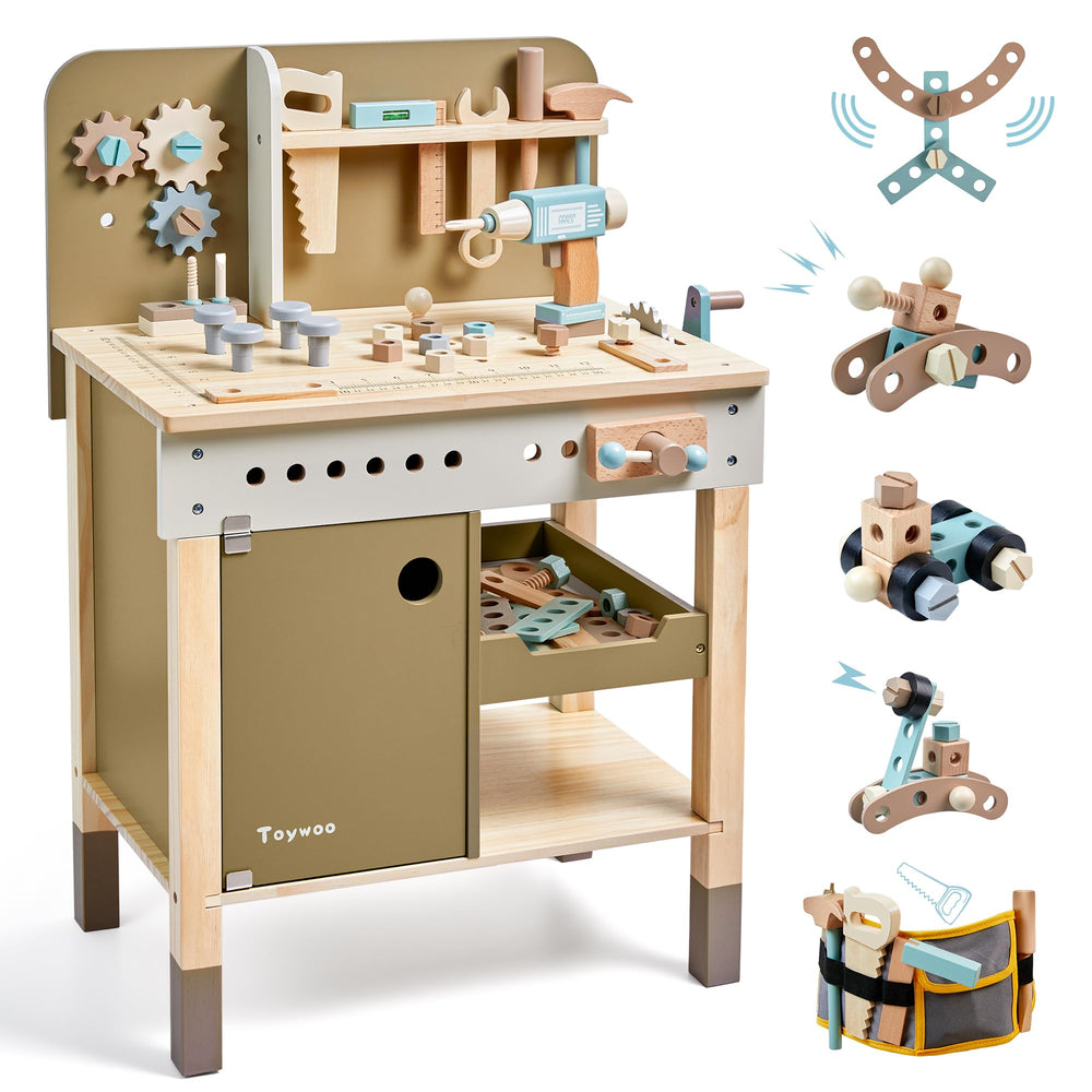 Toywoo kids tool set workbench encourages imaginative building on a sturdy wooden surface