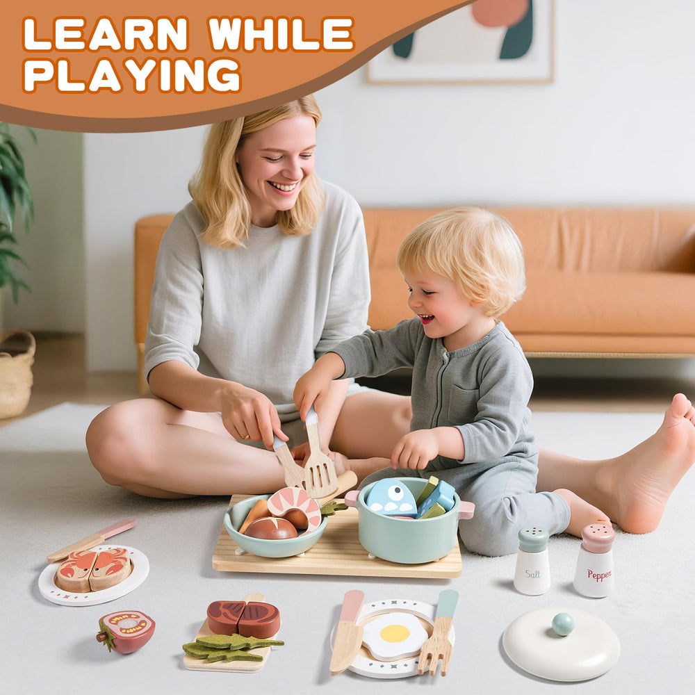 Toywoo wooden colorful kitchen accessories stimulate imagination and social play.