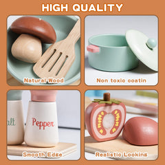Toywoo wooden cooking utensils playset enhances hands-on pretend dining experiences.