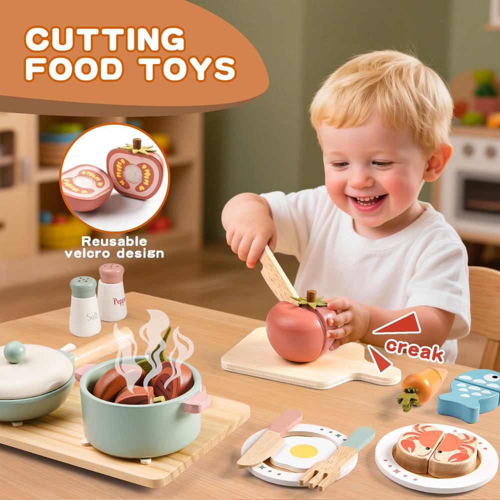 Toywoo wooden cuttable food with Velcro enables repeatable pretend meals.