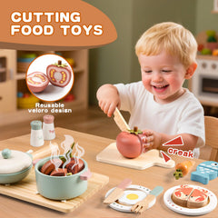 Toywoo wooden cuttable food with Velcro enables repeatable pretend meals.