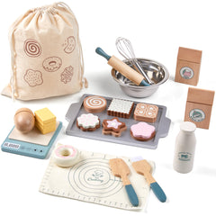 Toywoo wooden play food set with 23 pieces including pan and whisk for imaginative cooking.