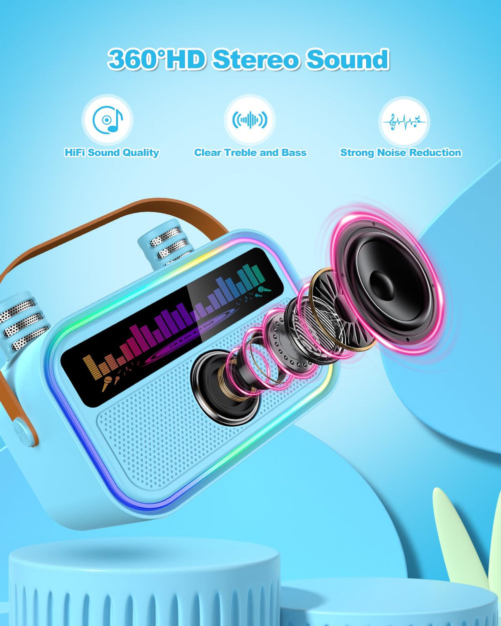 TOZDTO karaoke machine with built-in mics stowed securely for travel.