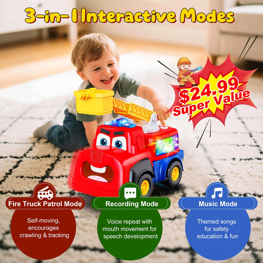 Tozkizm Talking Fire Truck music-sounds mix adds excitement to rescue role-play.
