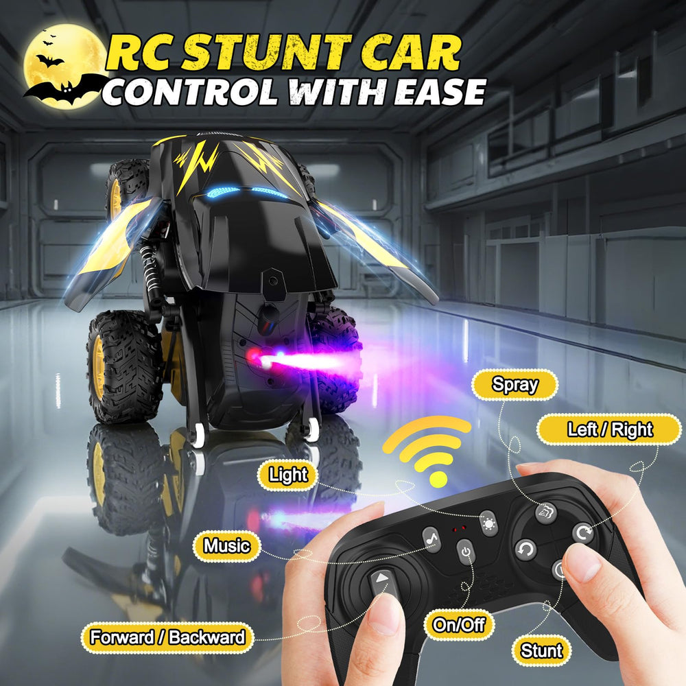 Tozuoup RC stunt car's durable plastic body withstands quick stunts and rough play.