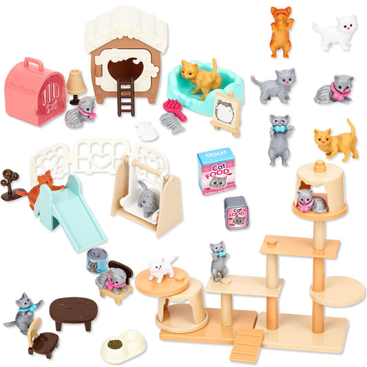 TQQFUN cat figurine playset—front view for imaginative pretend play.