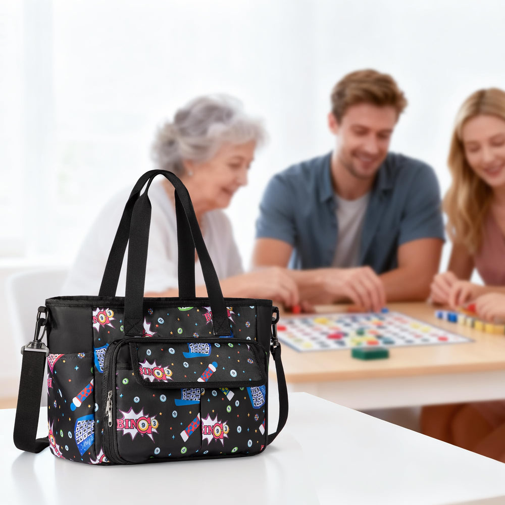 Trahzia Bingo Bag travel-ready with side pockets for water bottle and umbrella.