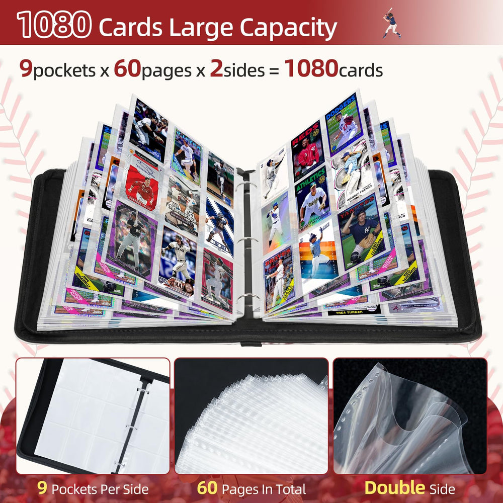 Traier 1080 Pockets binder open view shows rings for easy page editing.