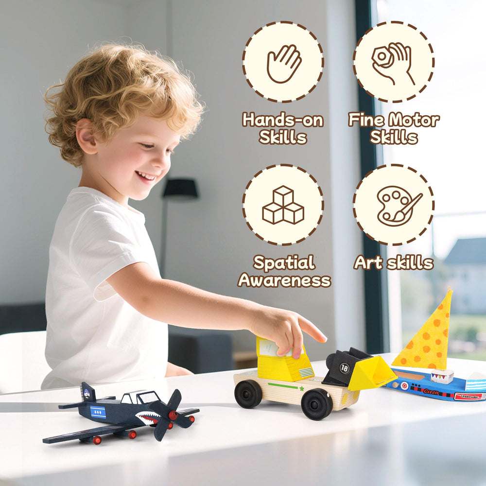 Trailfun wooden build paint kit 115-piece safety set with pre-cut wood and paints.