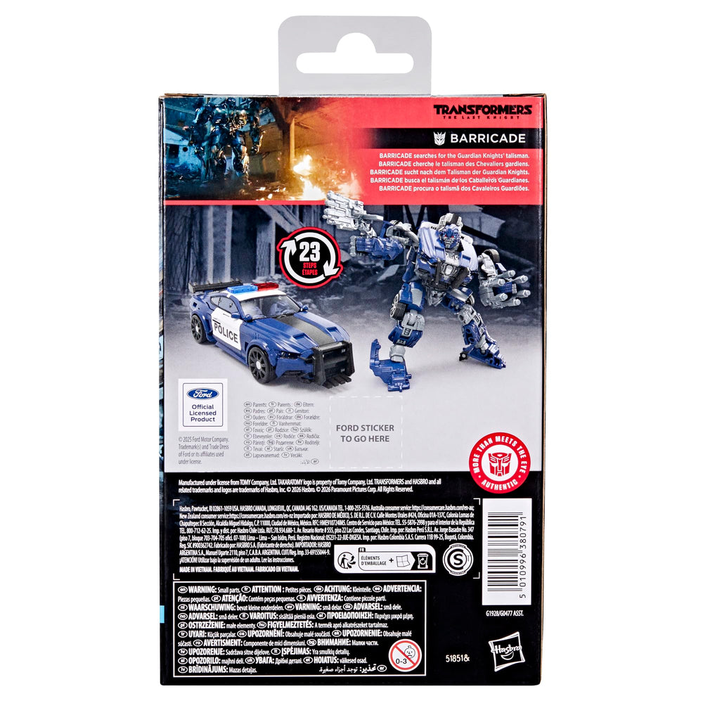 Movie inspired Barricade detail enhances shelf display for collectors.