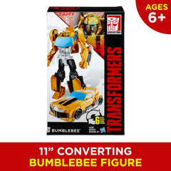 Transformers Bumblebee action pose captures heroic stance for storytelling adventures.