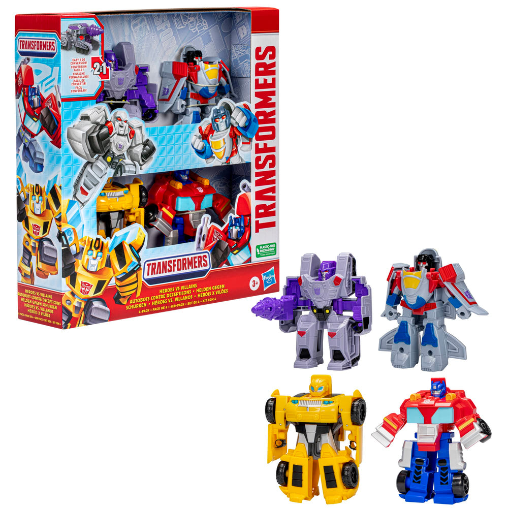 Transformers Heroes vs Villains 4-pack box image highlighting Autobots and Decepticons set