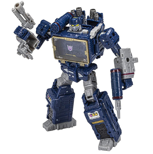 Transformers Legacy EV Soundwave in robot mode with poseable joints for display.
