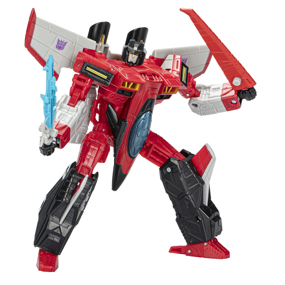 Transformers Starscream jet mode shows 18-step conversion for interactive play.
