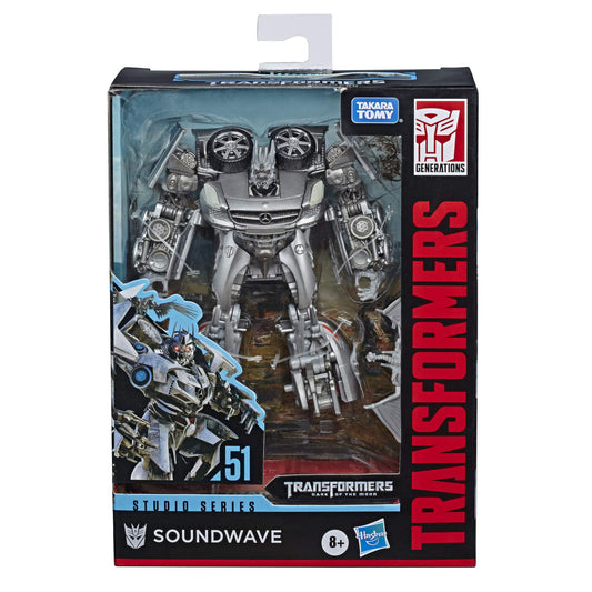 Transformers Studio Series 51 Deluxe Soundwave robot pose with Laserbeak attachment for display