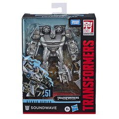 Transformers Studio Series 51 Deluxe Soundwave robot pose with Laserbeak attachment for display