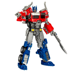 Transformers Studio Series Optimus Prime sword in action pose for dramatic display.