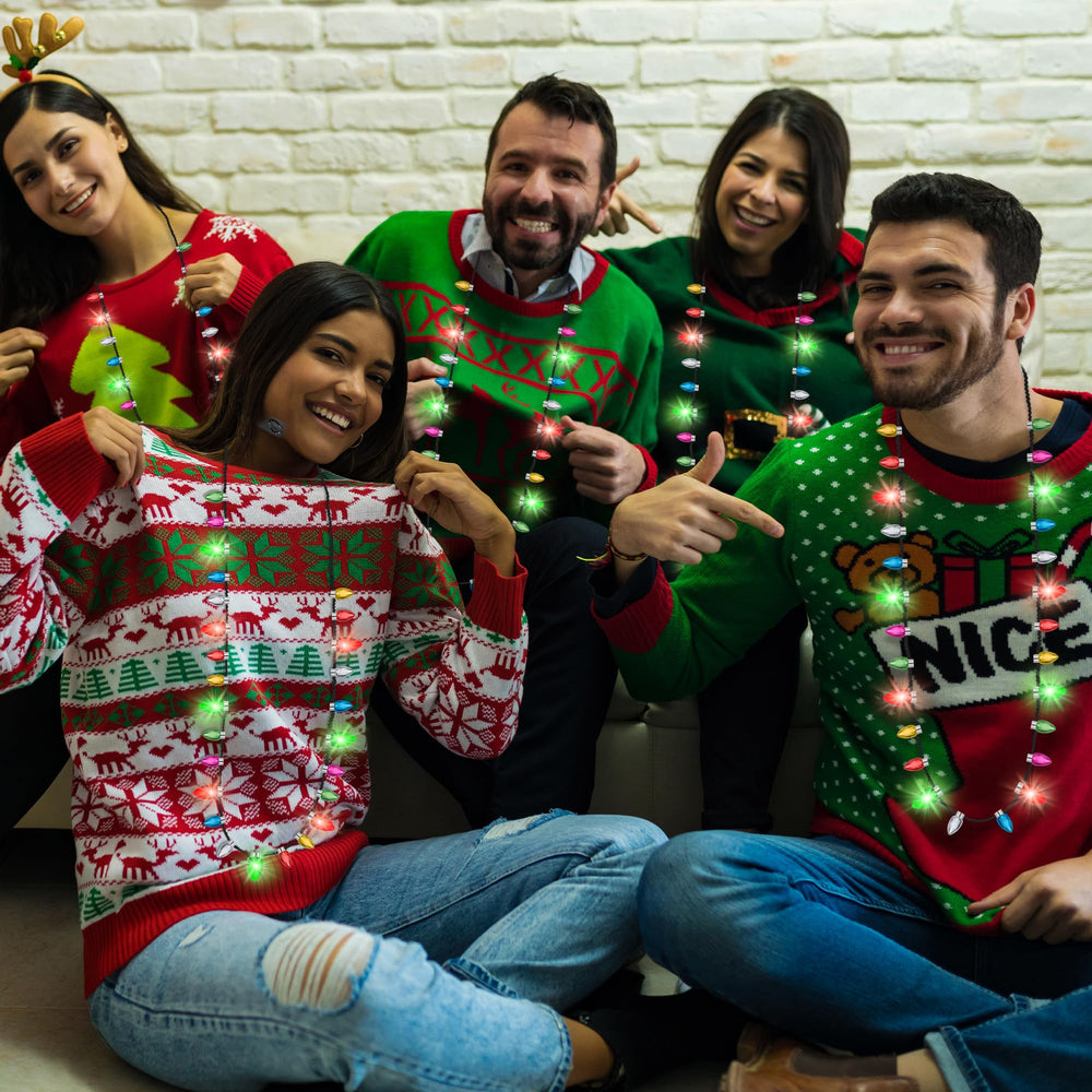 Traplace ugly sweater decor necklace adds glow to seasonal outfits.