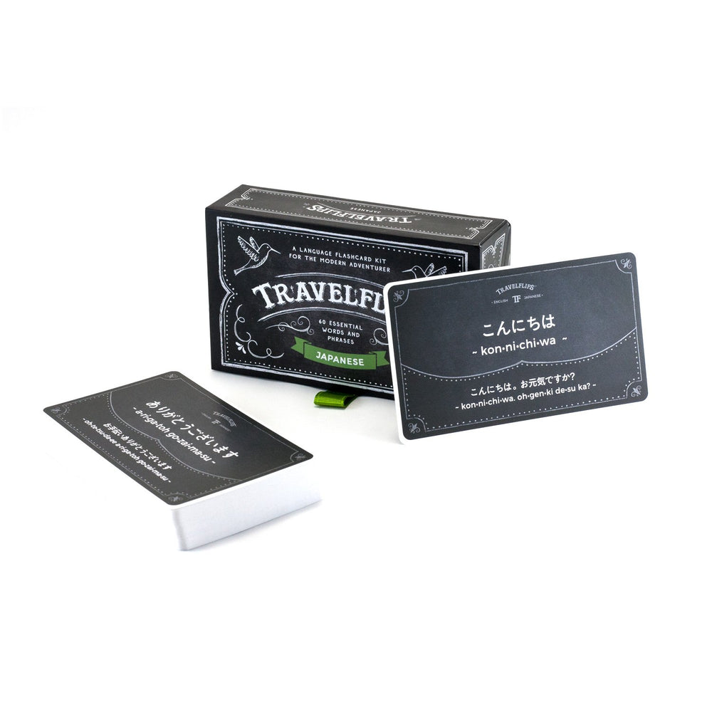 Travelflips Japanese flash cards showing Hiragana, Katakana, Kanji basics with phonetic hints.