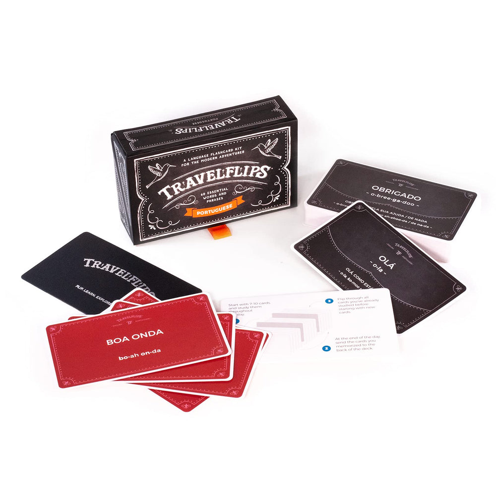 Travelflips compact Portuguese flash cards in portable box for travel.