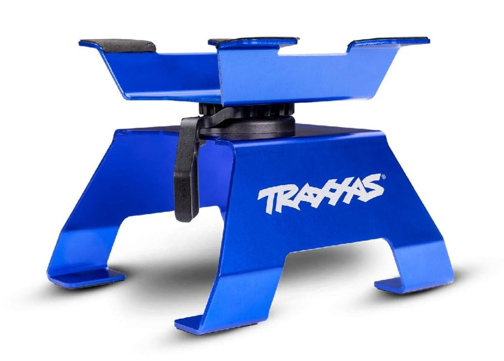 Traxxas 8796 blue RC stand 360° rotation enables easy access during setup.