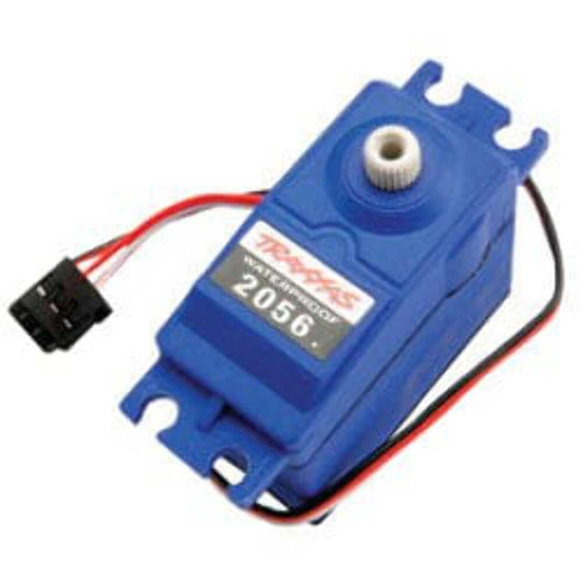 Traxxas high-torque waterproof servo side view in blue case for reliable steering