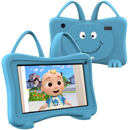 Trayoo 7-inch blue kids tablet in a durable case for safe learning on the go.