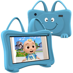 Trayoo 7-inch blue kids tablet in a durable case for safe learning on the go.