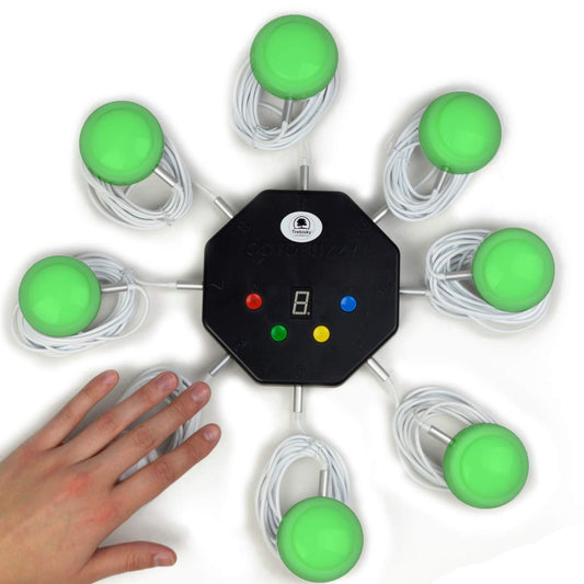 Trebisky 8-button buzzer set with master console lights up to show the winner.