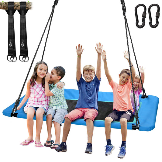 Trekassy 60 inch rectangle tree swing blue platform shows spacious surface for family fun
