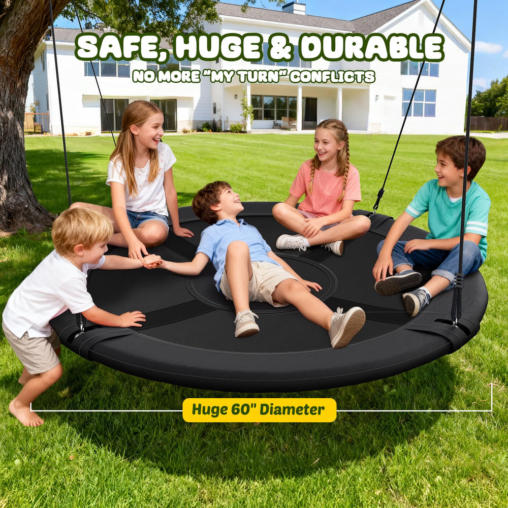 Adults and kids enjoying Trekassy saucer swing together