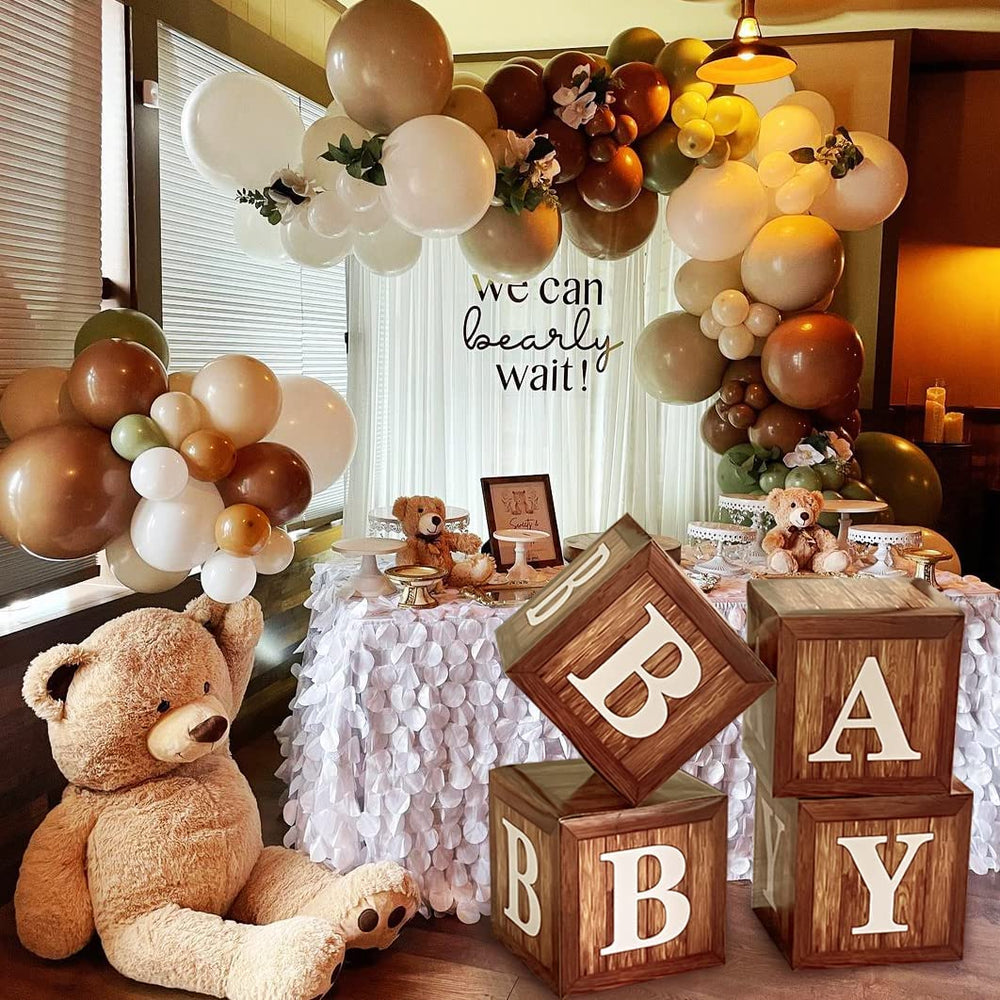 TREWAVE wood grain print backdrop creates warm woodland party vibe