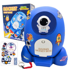 Trez Treamer rocket ship piggy bank in blue, sturdy for kid-friendly savings.