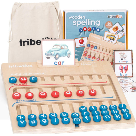 Tribetots Montessori letter board with movable letters for early reading practice.