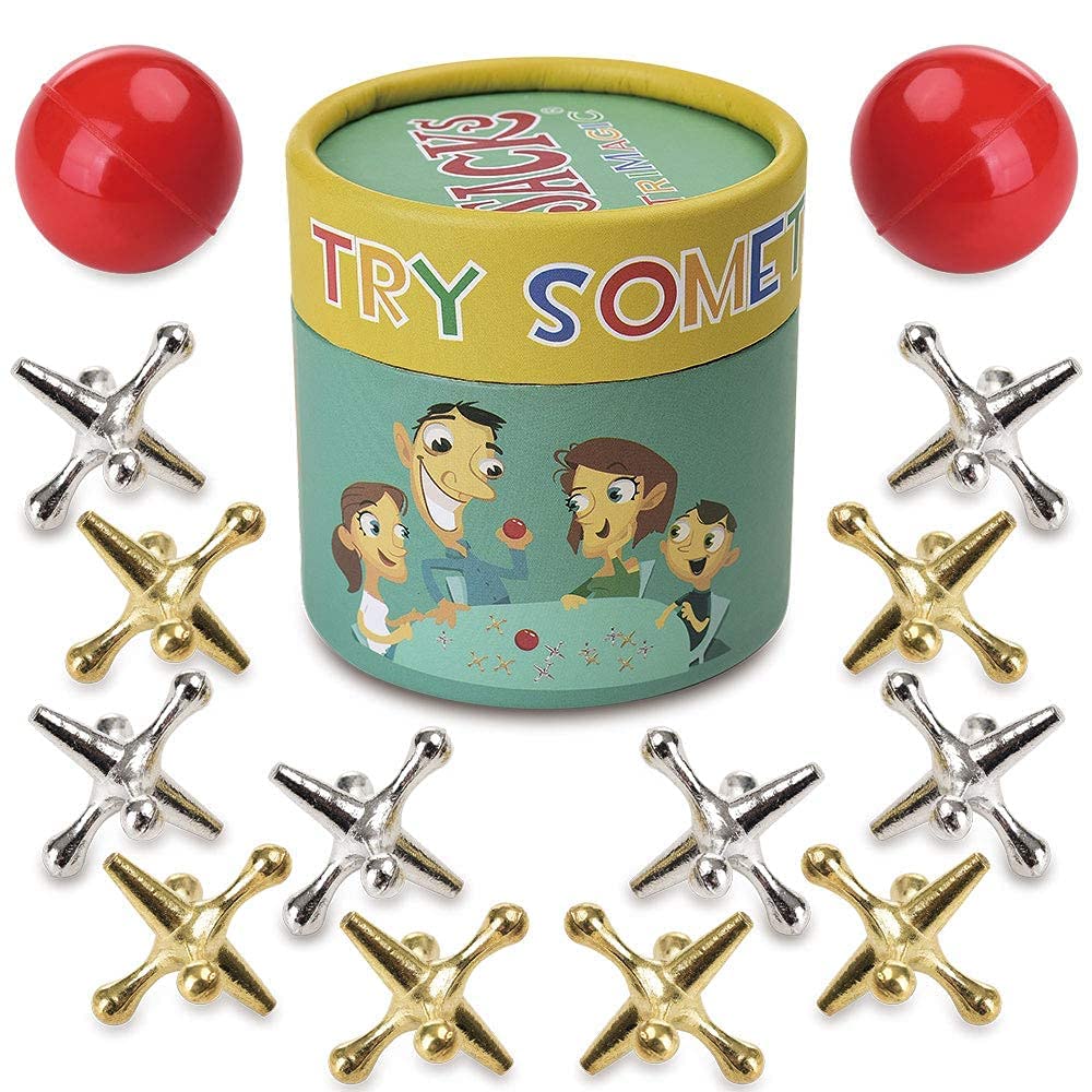 TriMagic metal jacks game with ball set for classic play on any surface