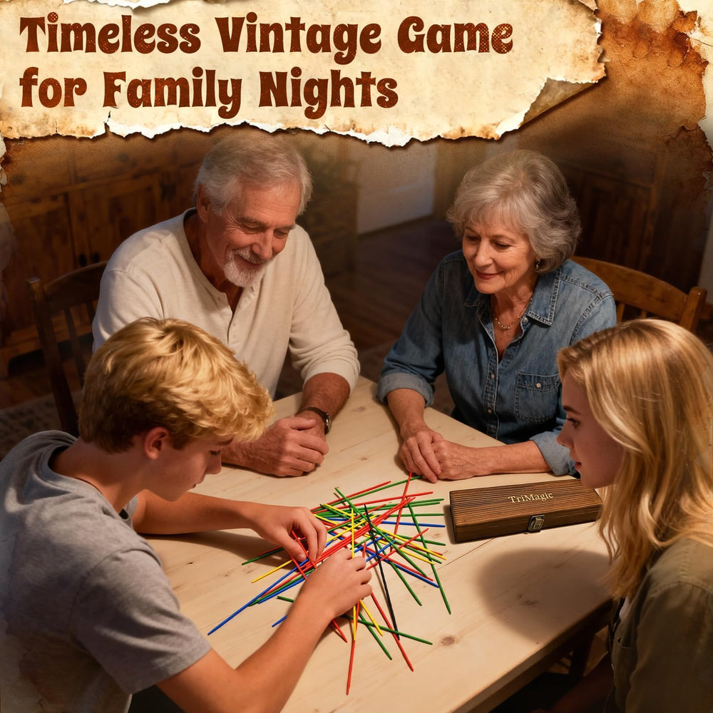 TriMagic Pick Up Sticks hinged wood case keeps pieces secure during travel and storage
