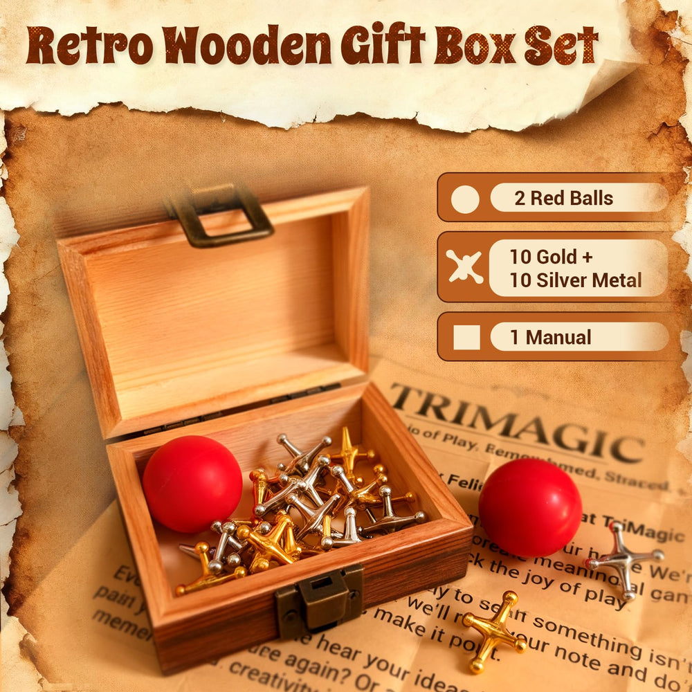 TriMagic wooden gift box with retro latch securely storing jacks and balls