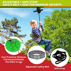 Trsmima safety belt and harness boost rider security during zipline sessions.