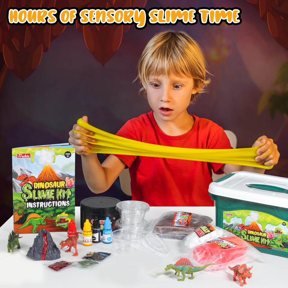 Trubic dinosaur models and volcano for imaginative slime science experiments.