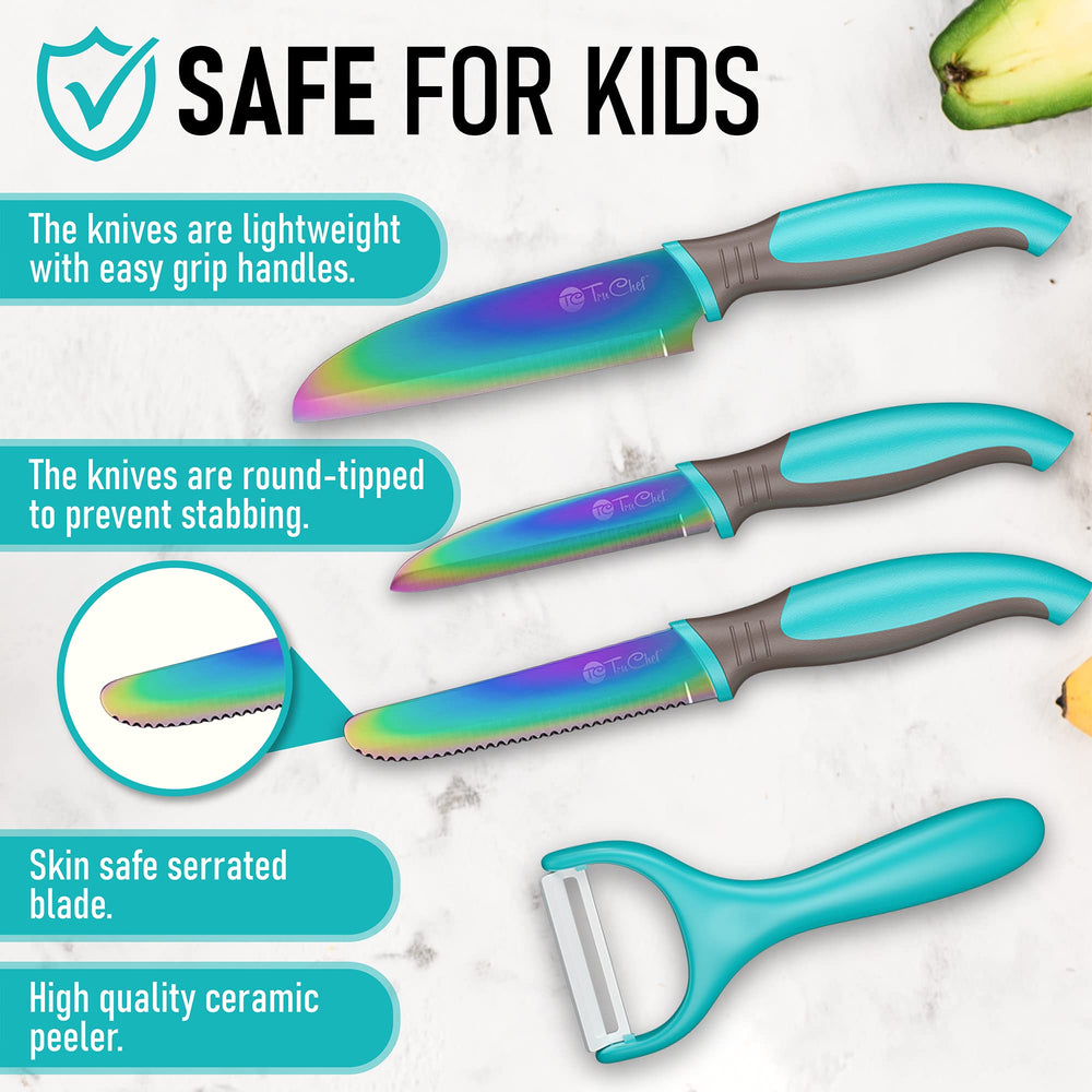 TruChef kids chef knife in aqua with easy-grip handle for confident slicing