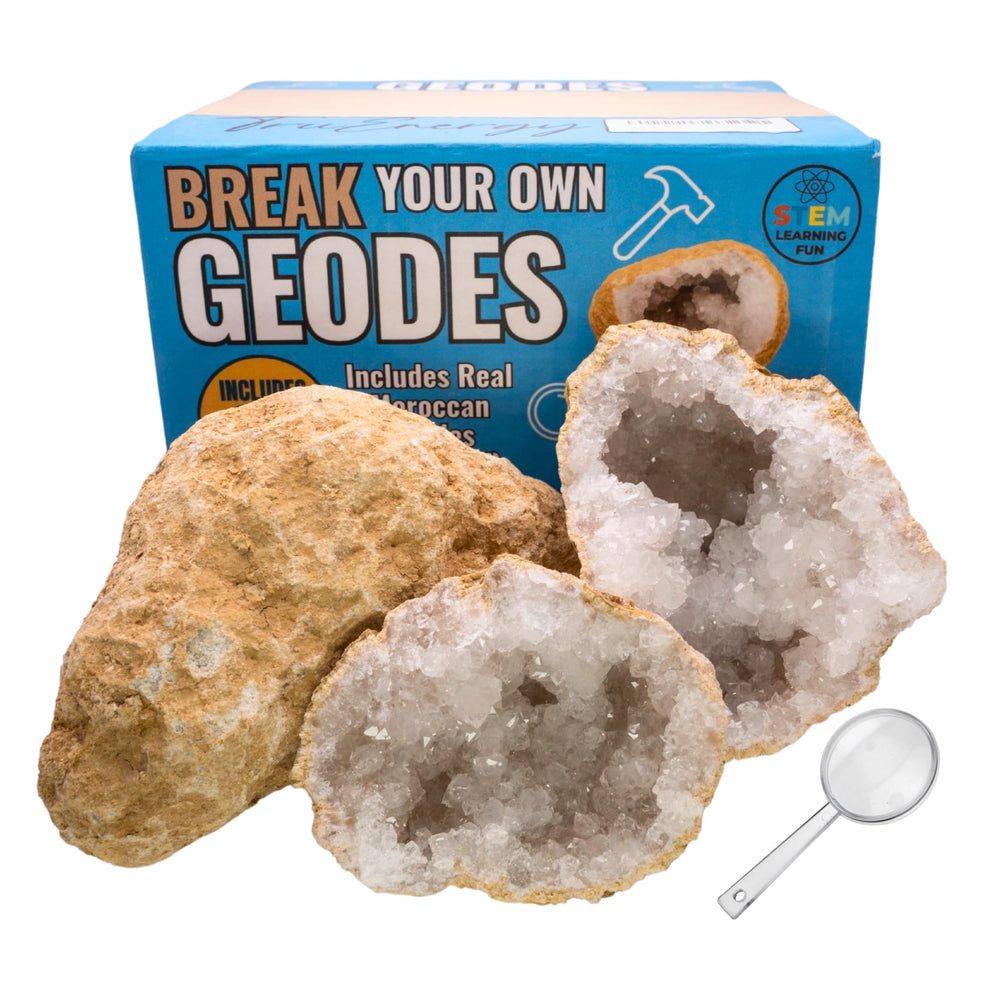TruEnergy Break Your Own Geodes Kit reveals sparkling geodes after cracking open for hands-on geology learning.
