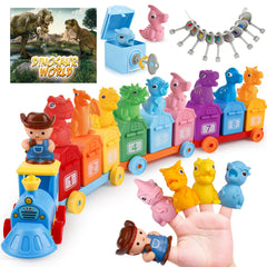 Tsomtto dinosaur train set contents show barns, dinosaurs, and keys for early learning.
