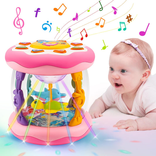 Tsomtto Ocean Projector with rotating dolphins engaging baby during tummy time.